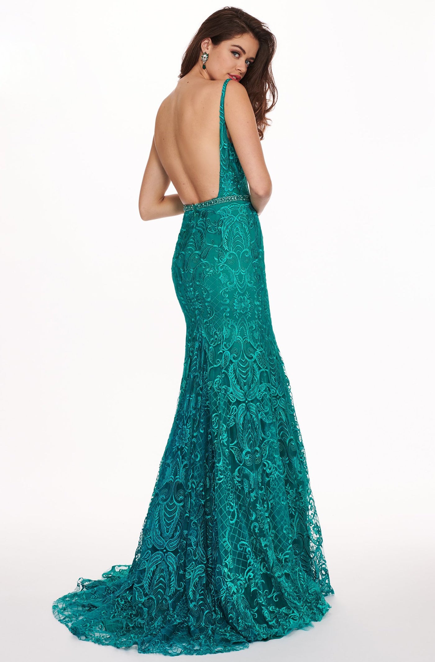 Rachel Allan - 6590 Embroidered Lace Scoop Neck Gown In Green