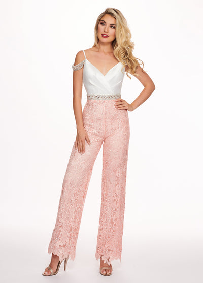 Rachel Allan - 6594 Embroidered Two Tone Mikado Jumpsuit In White and Pink