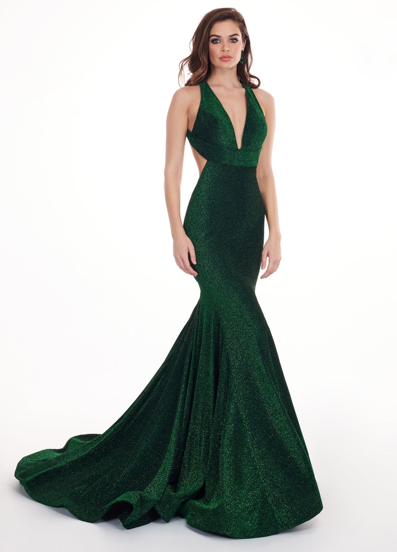 Rachel Allan - 6595 Metallic Jersey Deep V-neck Mermaid Dress In Green