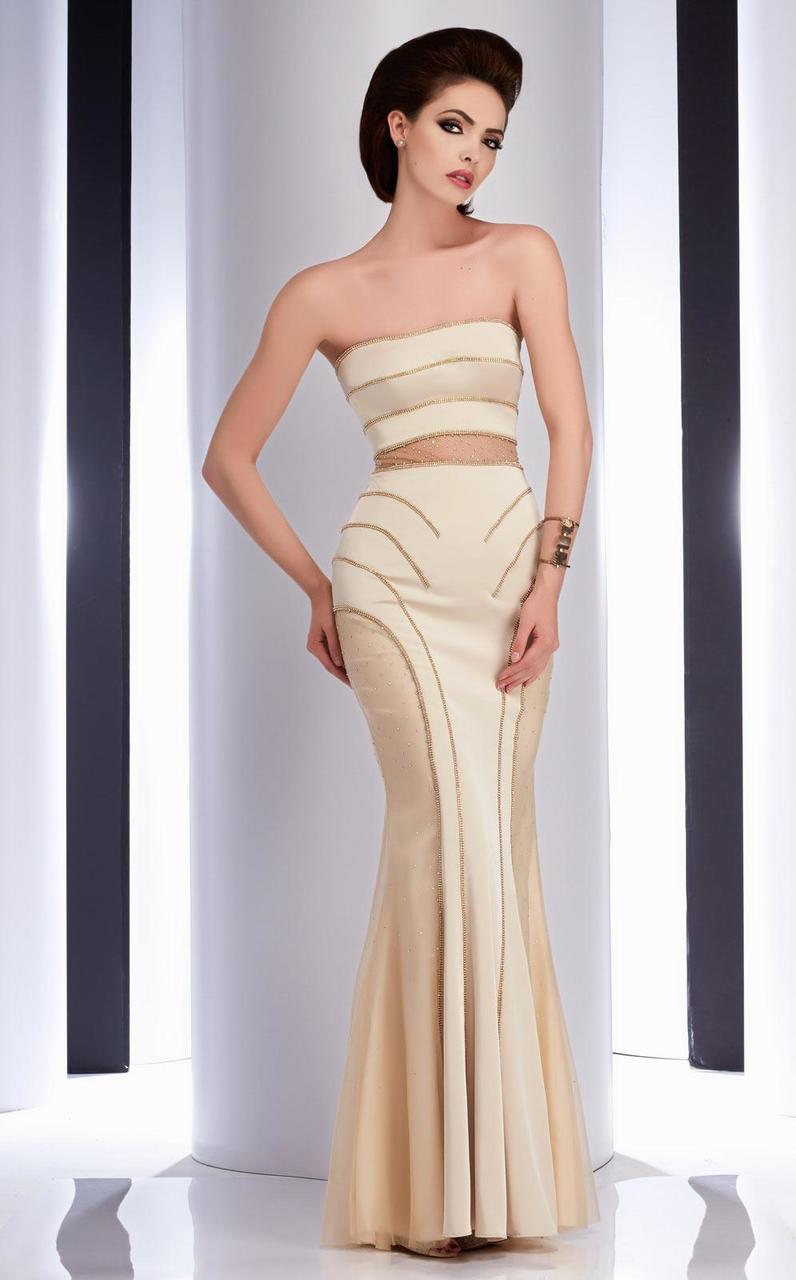 Clarisse - 4708 Embellished Straight Across Sheath Dress in Neutral and Gold