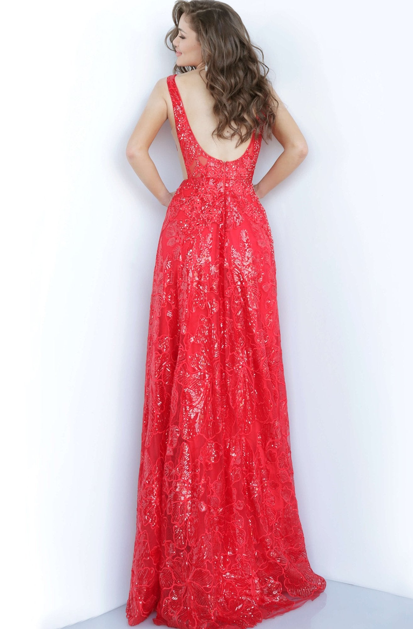 Jovani - 66168 Floral Appliqued Sequin Lace Gown In Red