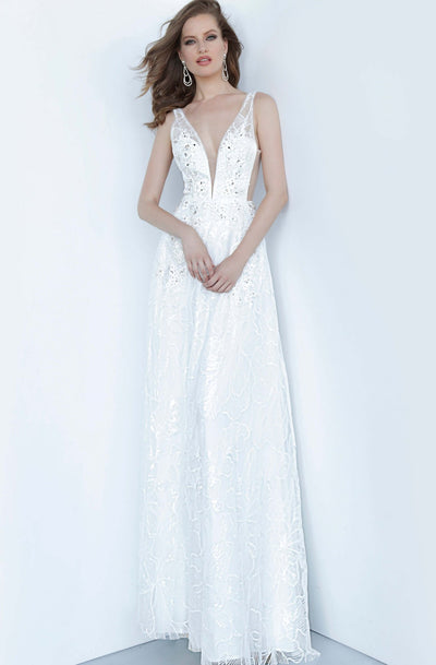Jovani - 66168 Floral Appliqued Sequin Lace Gown In White