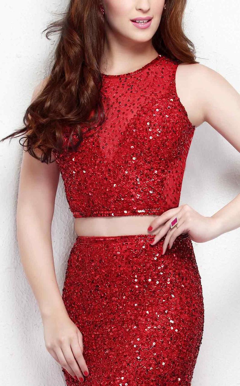 Primavera Couture - 1505 Sequined Illusion Jewel Neck Sheath Dress in Red