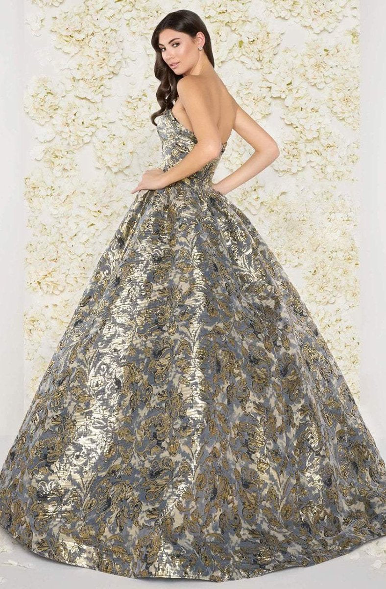 Mac Duggal Couture - 66222D Floral Print Metallic Ballgown in Gray and Gold