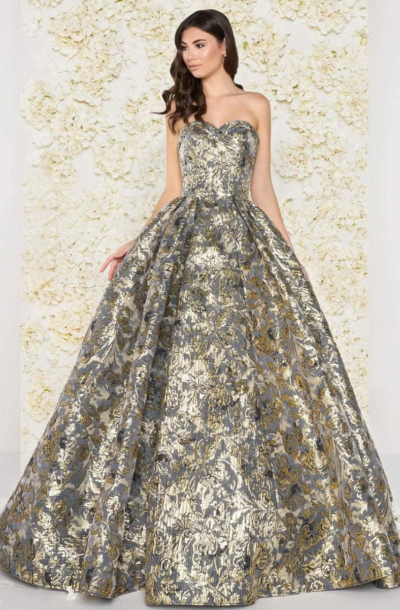 Mac Duggal Couture - 66222D Floral Print Metallic Ballgown in Gray and Gold