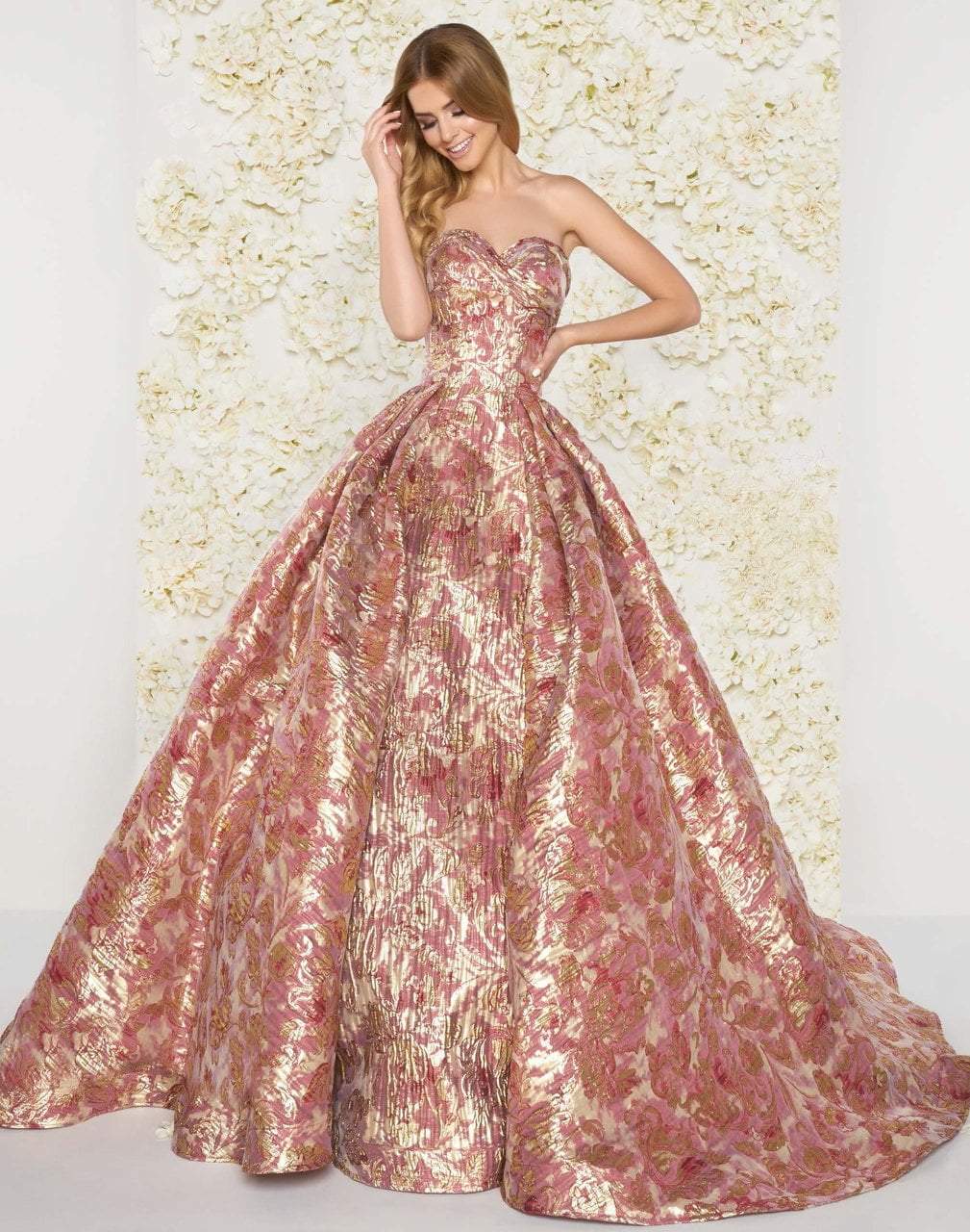 Mac Duggal Couture - 66222D Floral Print Metallic Ballgown in Pink and Gold