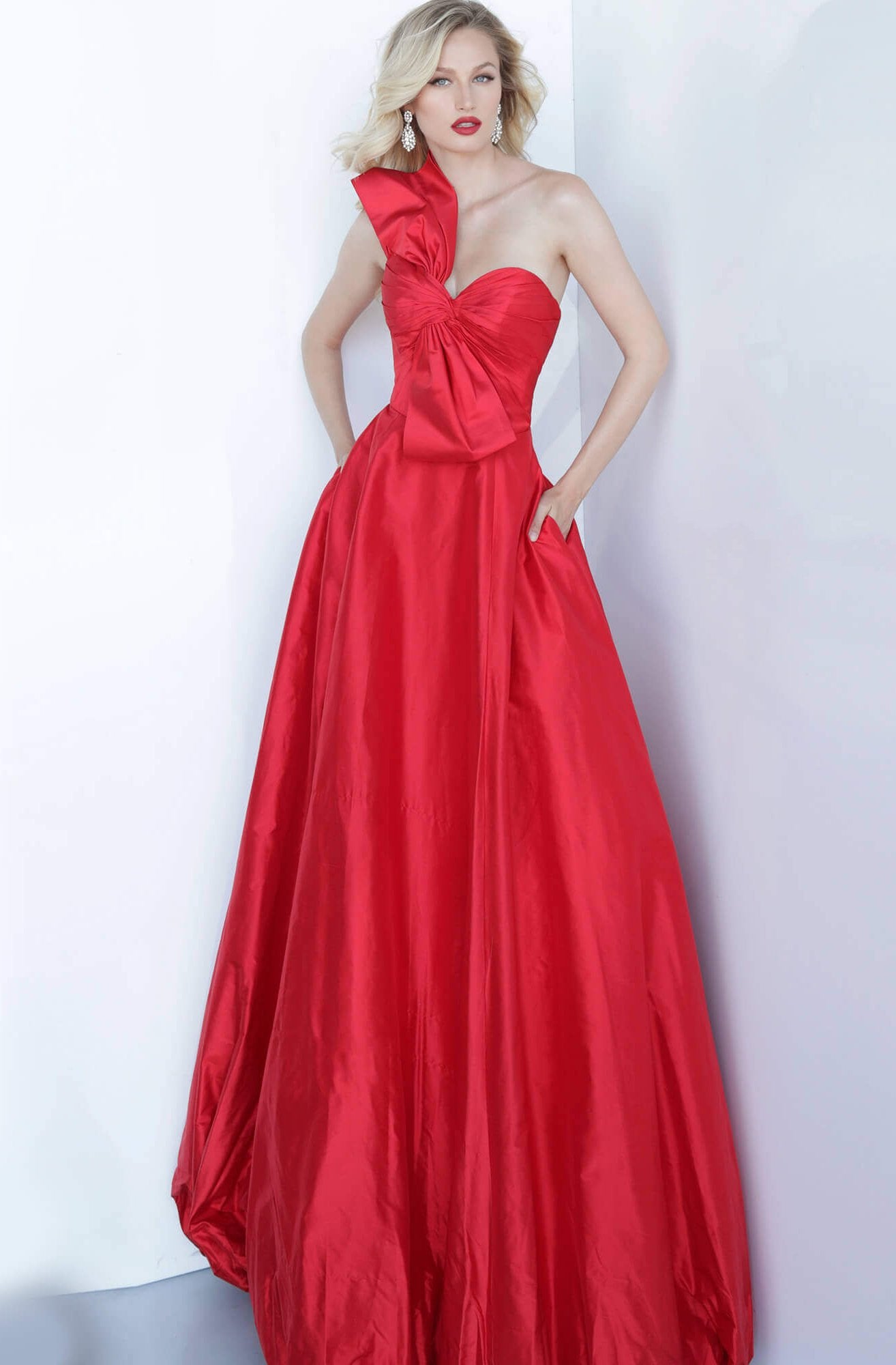 Jovani - 66320 One Shoulder Sweetheart Neck Bow Accent Ballgown In Red