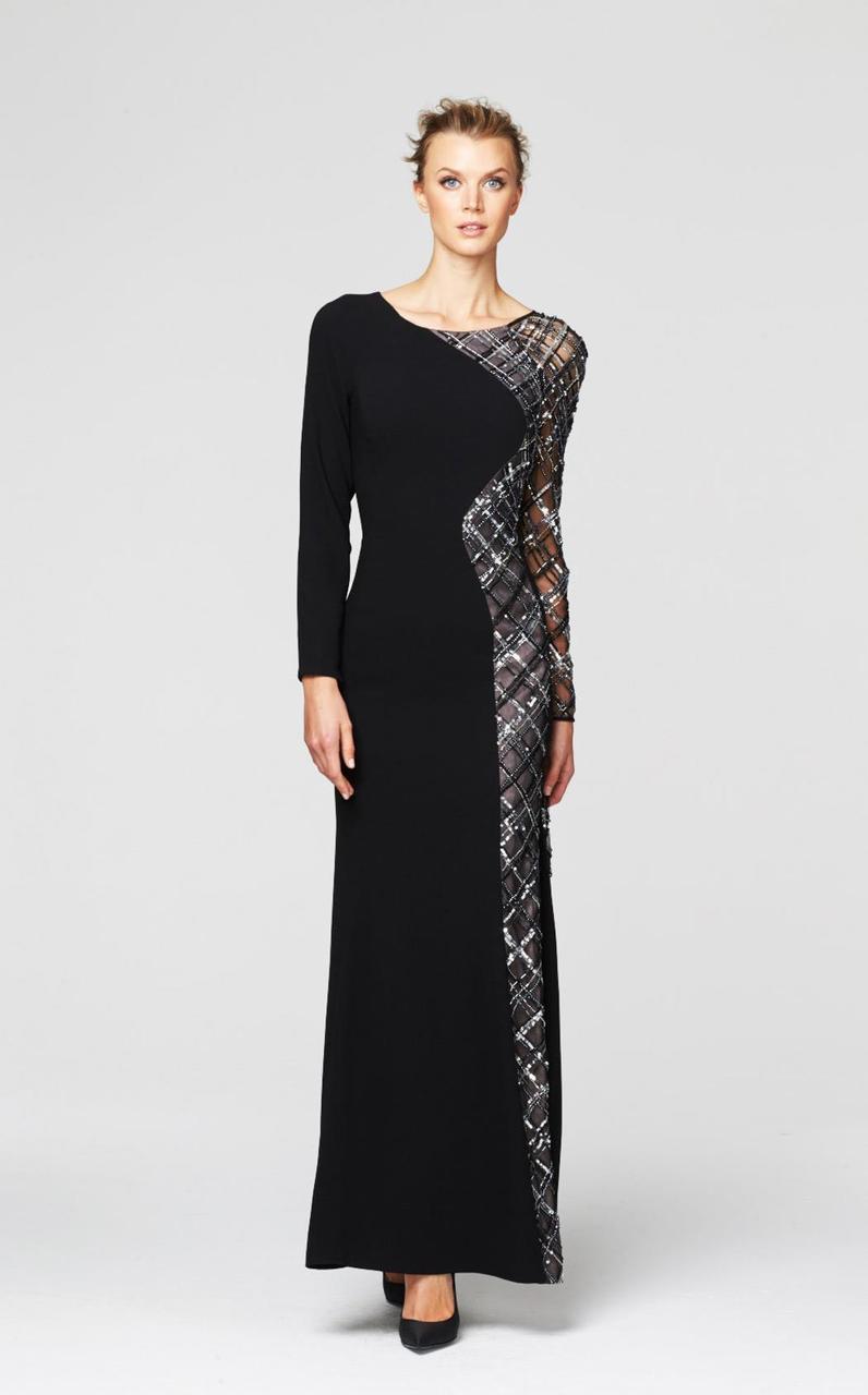 Daymor Couture - 264 Lattice Ornate Illusion Paneled Long Sleeve Gown in Black
