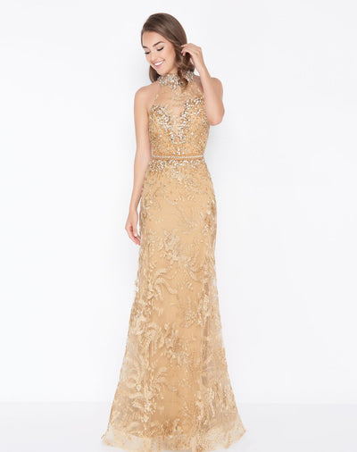 Mac Duggal - 66461M Shimmering Sheer Fitted Lace Illusion Gown In Gold