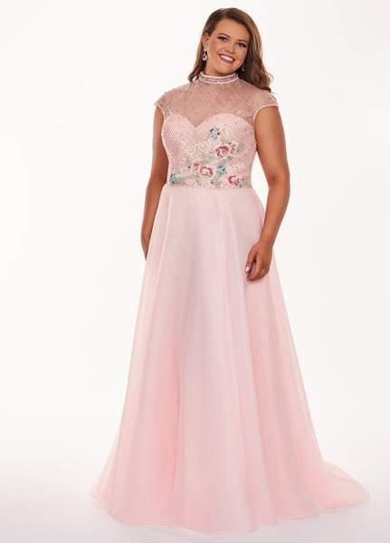 Rachel Allan Curves - 6661 Embroidered High Neck A-Line Dress In Pink