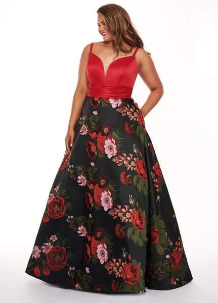 Rachel Allan Curves - 6664 Plunging Sweetheart Floral Evening Dress In Red and Multi-Color
