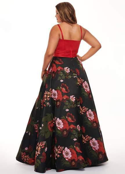 Rachel Allan Curves - 6664 Plunging Sweetheart Floral Evening Dress In Red and Multi-Color