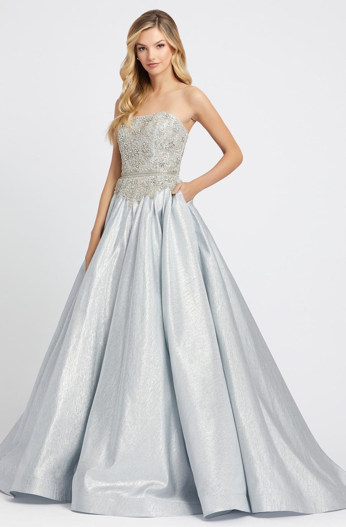 Mac Duggal Prom - 66700M Strapless Bead-Crusted Bodice Ballgown In Silver