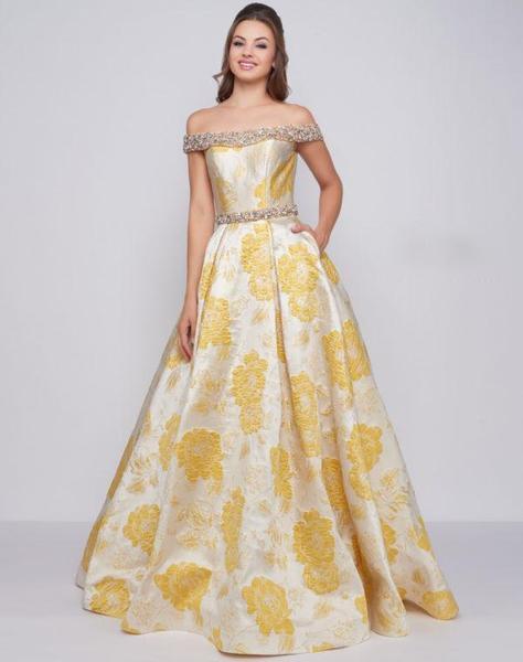 Mac Duggal Ballgowns - 66710H Embellished Off-Shoulder Ballgown In Yellow