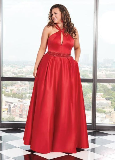 Rachel Allan Curves - 6674 Brooch Accented Keyhole Cutout A-Line Gown In Red