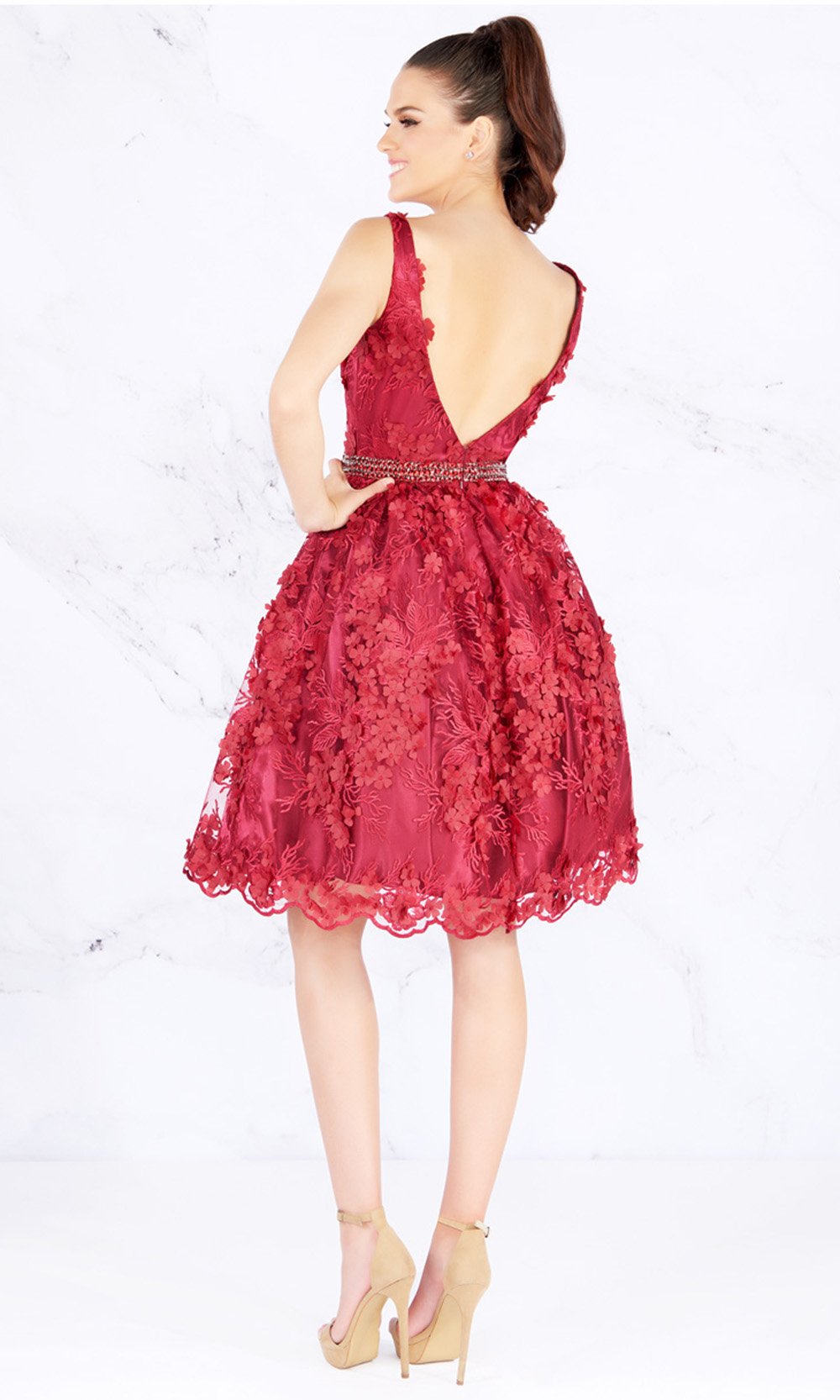 Mac Duggal - V Neck Floral Appliqued A-Line Knee Length Dress 66756N In Red