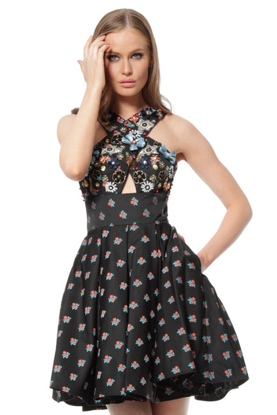 Jovani - 57057 Floral Applique Cross Halter Print A-line Dress In Black and Multi-Color