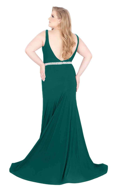Mac Duggal Fabulouss - 66808F Plunging Jeweled Jersey Trumpet Gown in Green