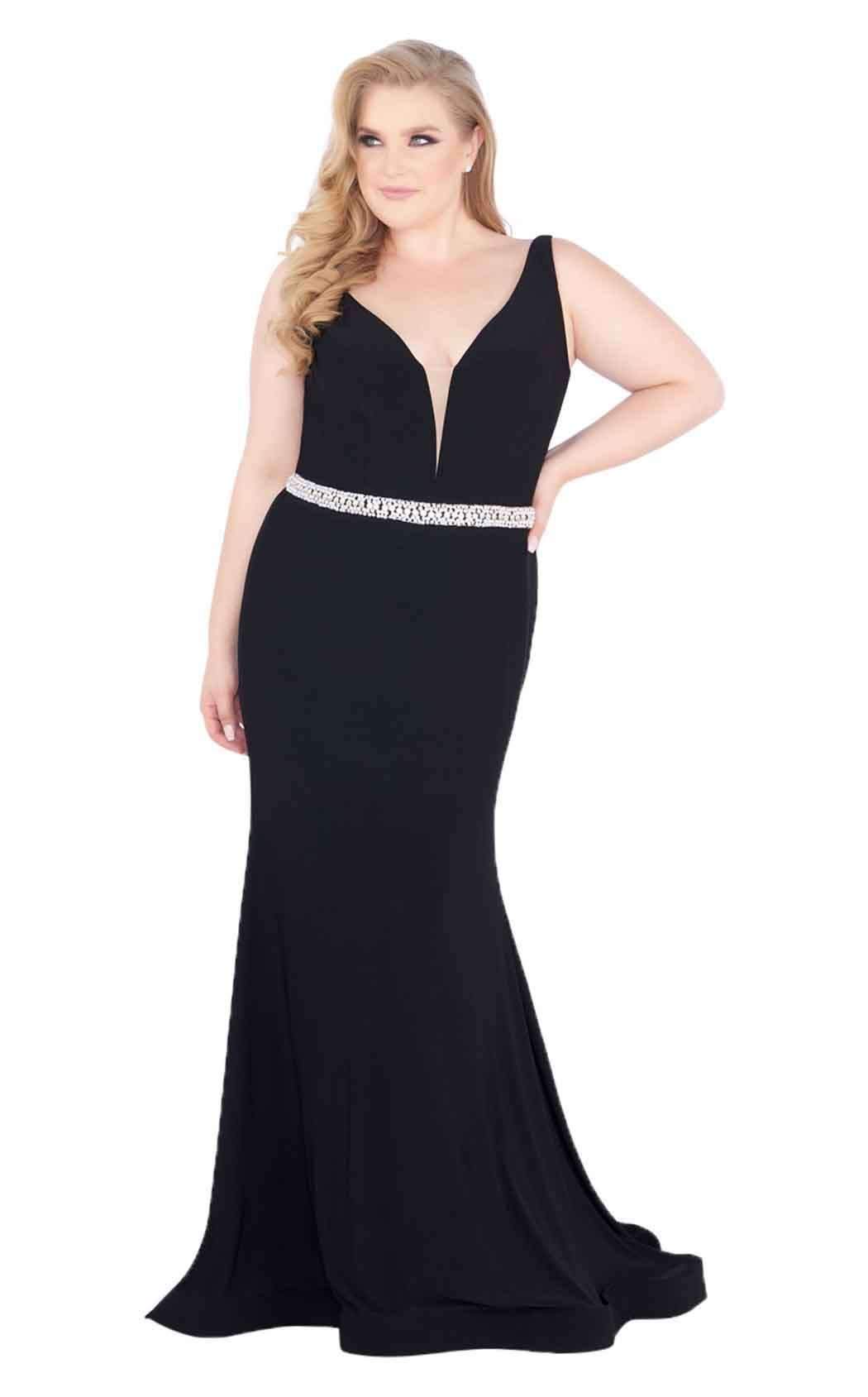 Mac Duggal Fabulouss - 66808F Plunging Jeweled Jersey Trumpet Gown in Black