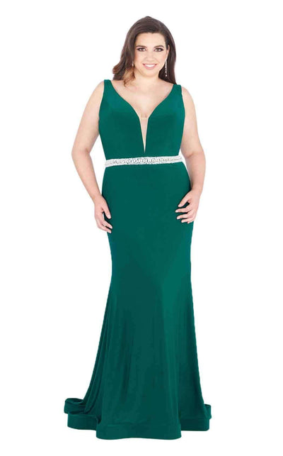 Mac Duggal Fabulouss - 66808F Plunging Jeweled Jersey Trumpet Gown in Green