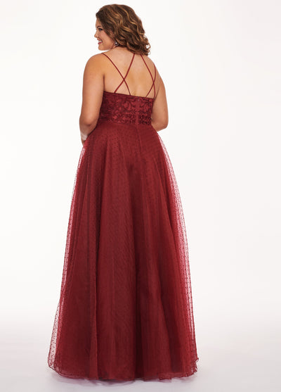 Rachel Allan Curves - 6680 Beaded V-Neck Pleated Gown with Slit In Red