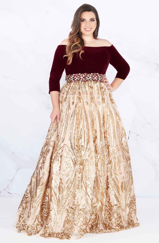 Mac Duggal - Sequined Off-Shoulder Velvet Ballgown 66831F In Red and Gold