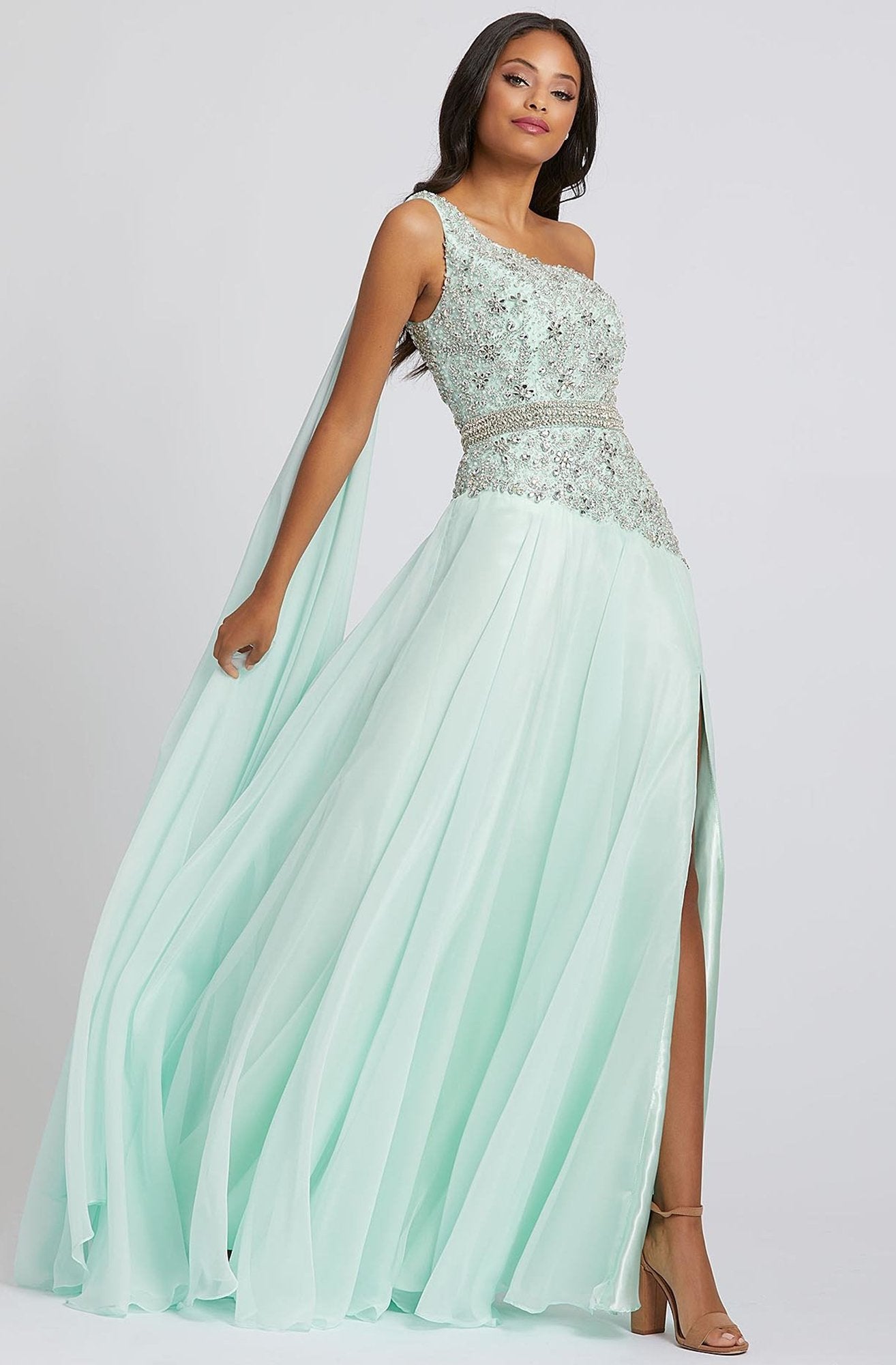 Mac Duggal Prom - 66846M Asymmetrical Chiffon Gown with Slit In Green