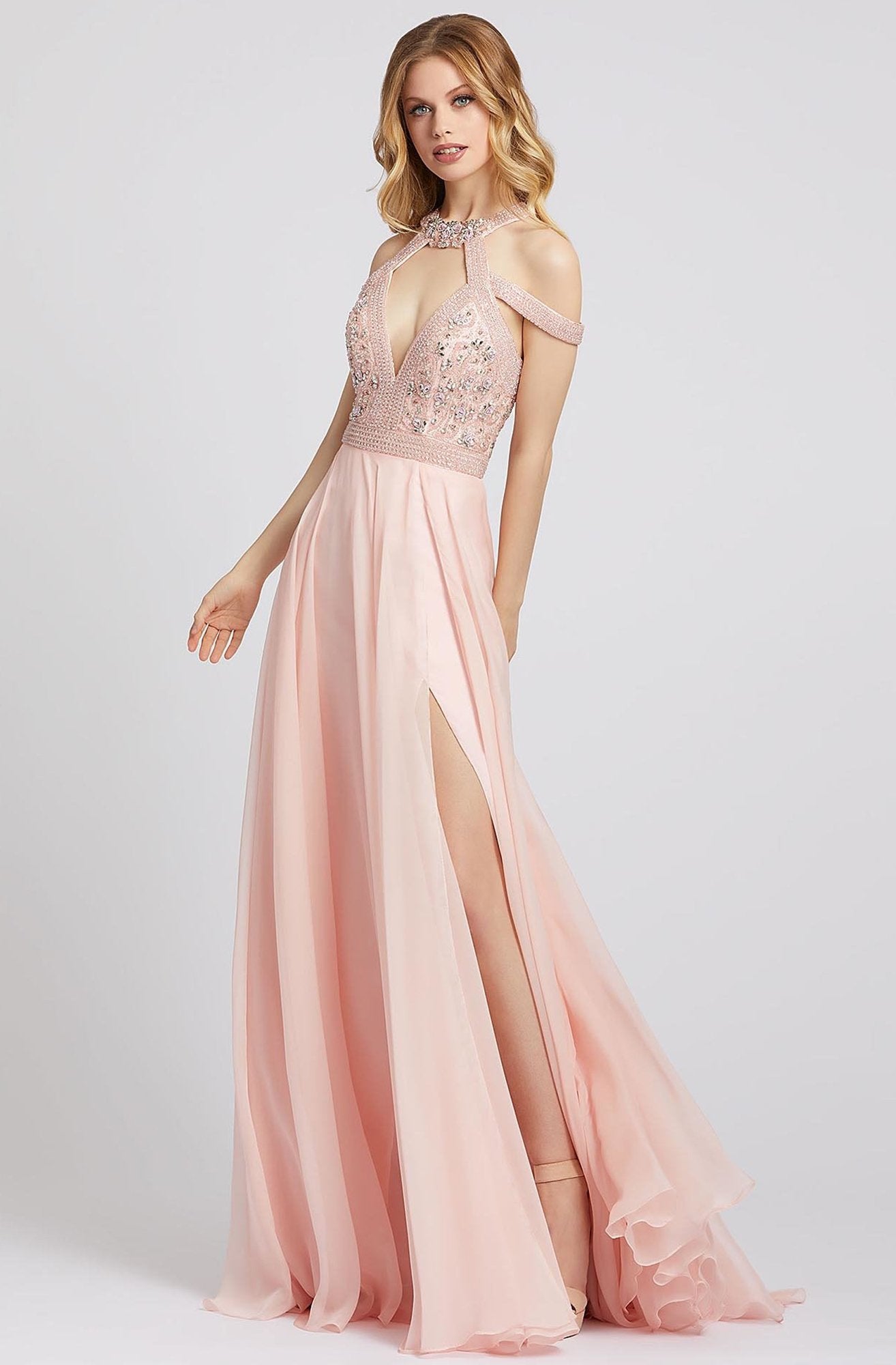 Mac Duggal Prom - 66879M Beaded Halter Cutout Gown with Slit In Pink