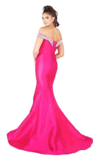 Mac Duggal Flash - 66900L Pearl Beaded Off Shoulder Mermaid Gown in Pink