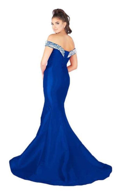 Mac Duggal Flash - 66900L Pearl Beaded Off Shoulder Mermaid Gown in Blue