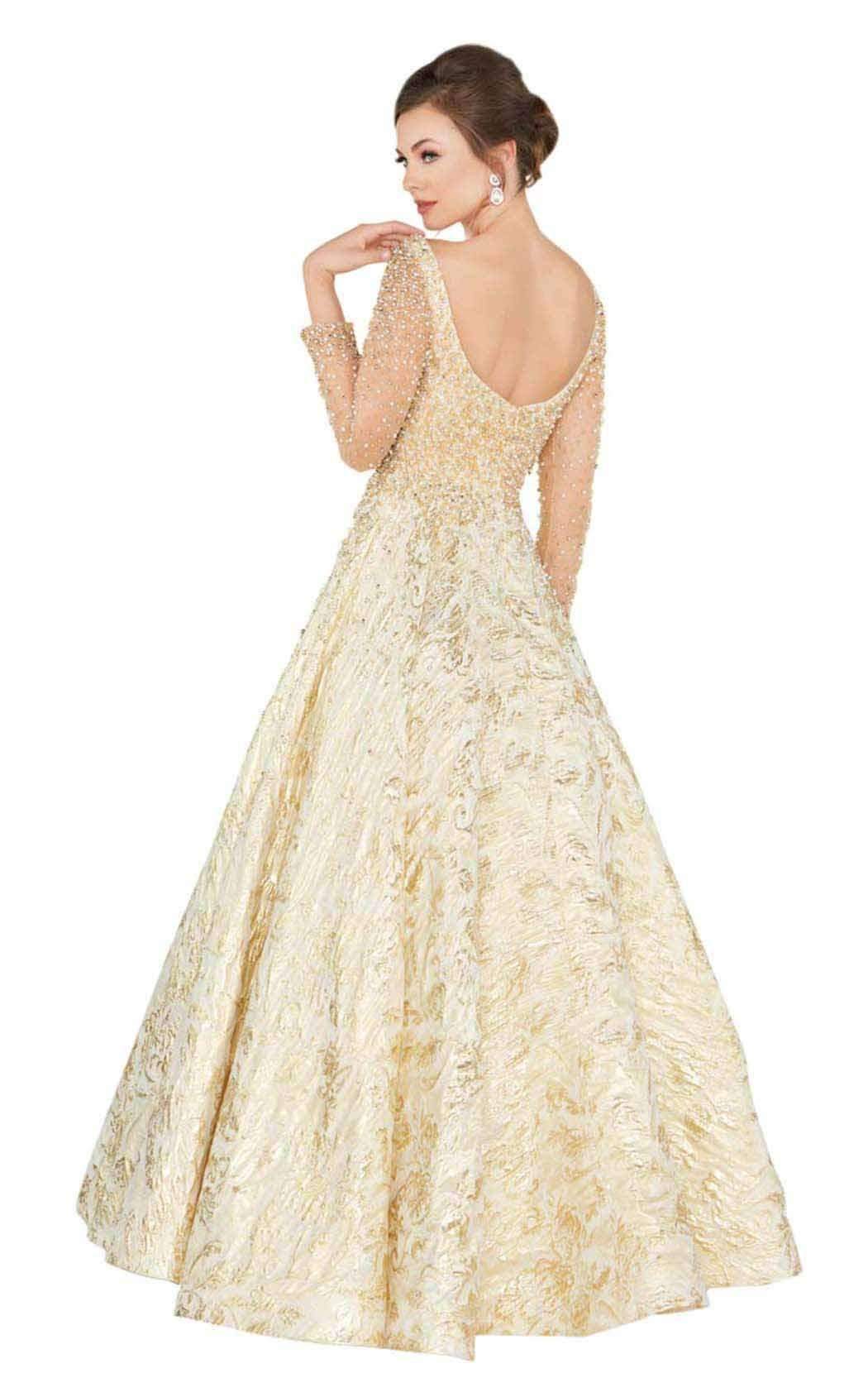 Mac Duggal Couture - 66932D Beaded Illusion Long Sleeves Ballgown In Gold