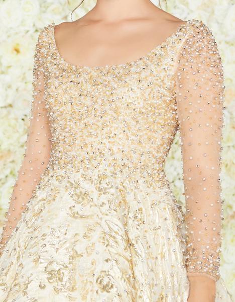 Mac Duggal Couture - 66932D Beaded Illusion Long Sleeves Ballgown In Gold