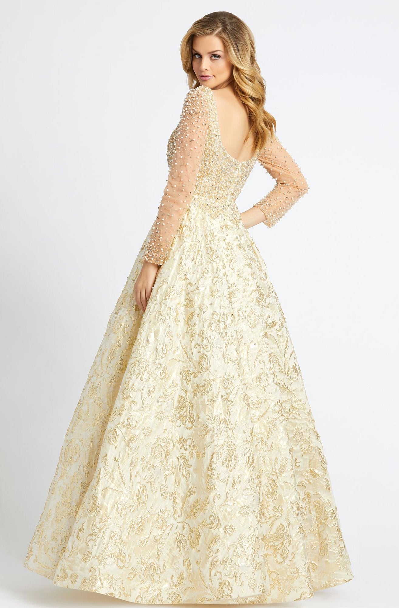 Mac Duggal Couture - 66932D Beaded Illusion Long Sleeves Ballgown In Gold