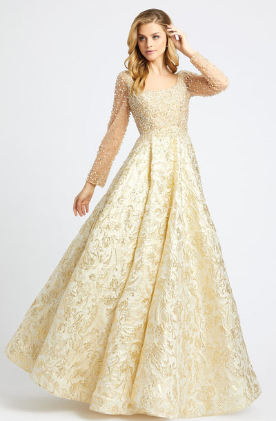 Mac Duggal Couture - 66932D Beaded Illusion Long Sleeves Ballgown In Gold