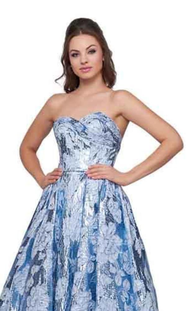 Mac Duggal Ballgowns - 66947H Sweetheart Floral Brocade Ballgown in Blue