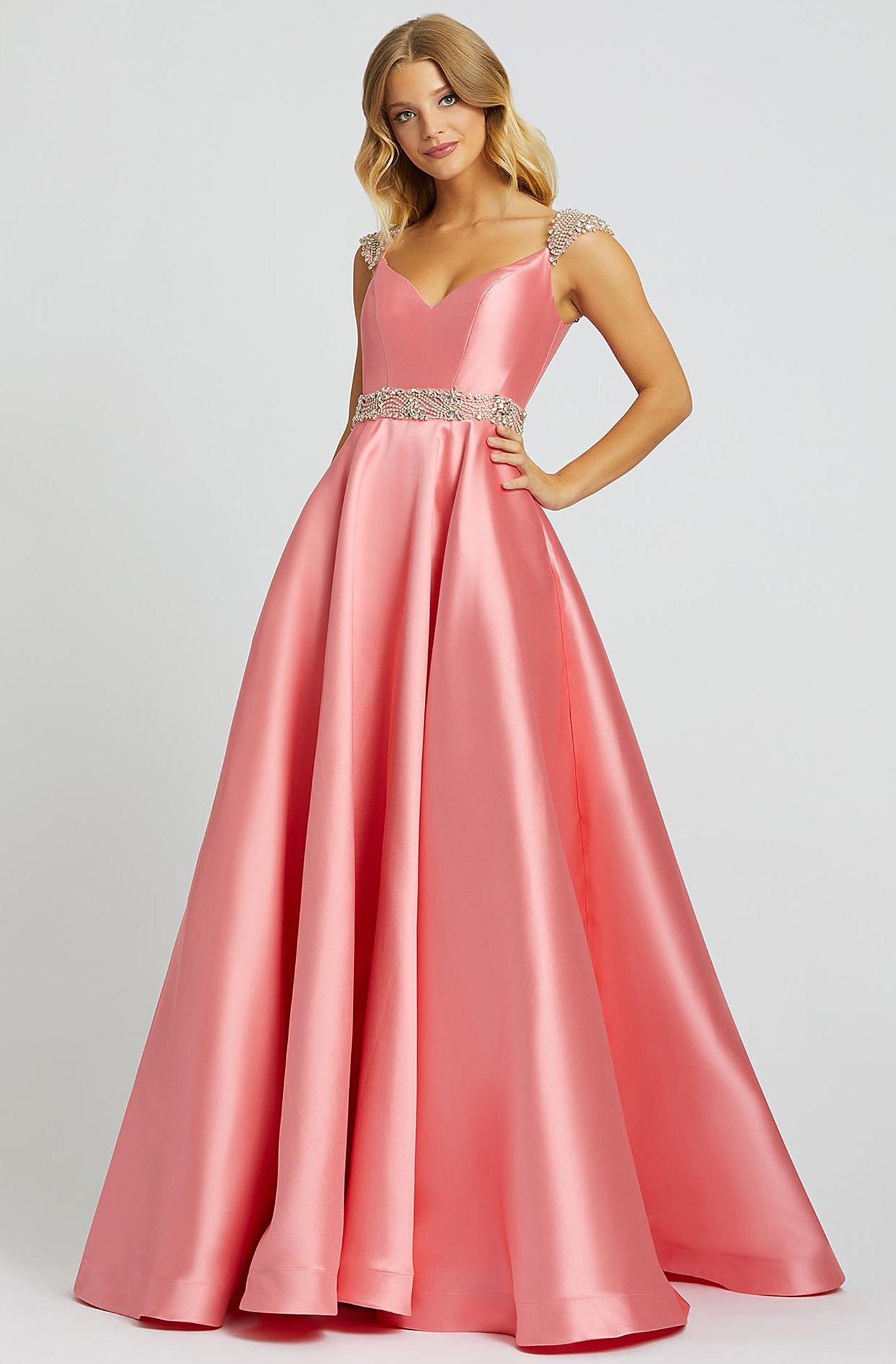 Mac Duggal Ballgowns - 67097H Crystal Beaded V Neck Satin Ballgown In Pink