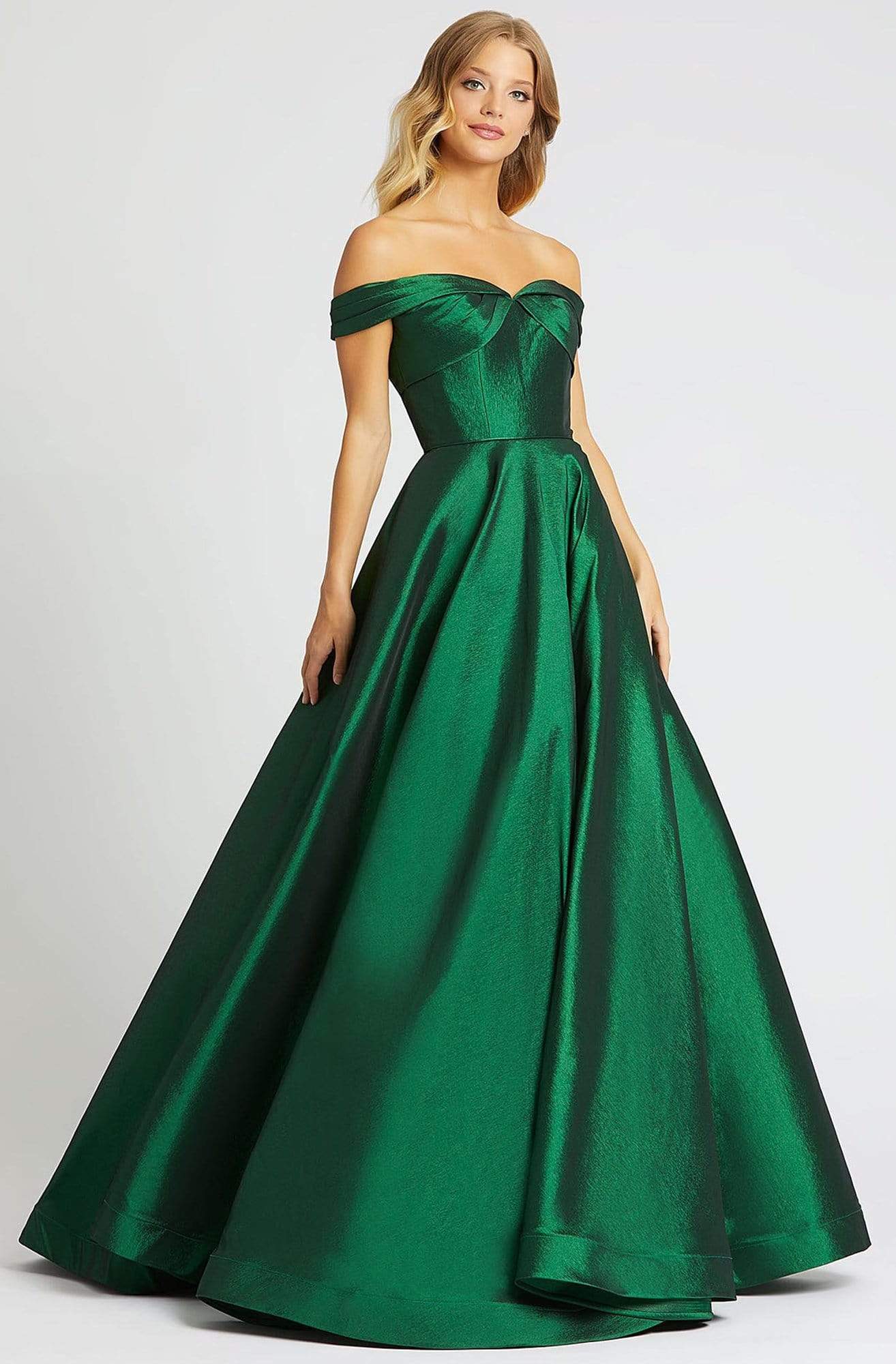 Mac Duggal Ballgowns - 67104H Off Shoulder V back Ballgown Ball Gowns 0 / Emerald Green