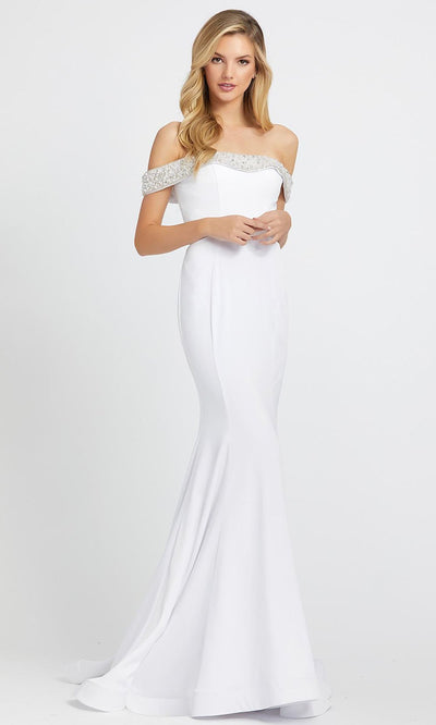 Mac Duggal Evening - 67155D Beaded Off-Shoulder Long Trumpet Gown In White