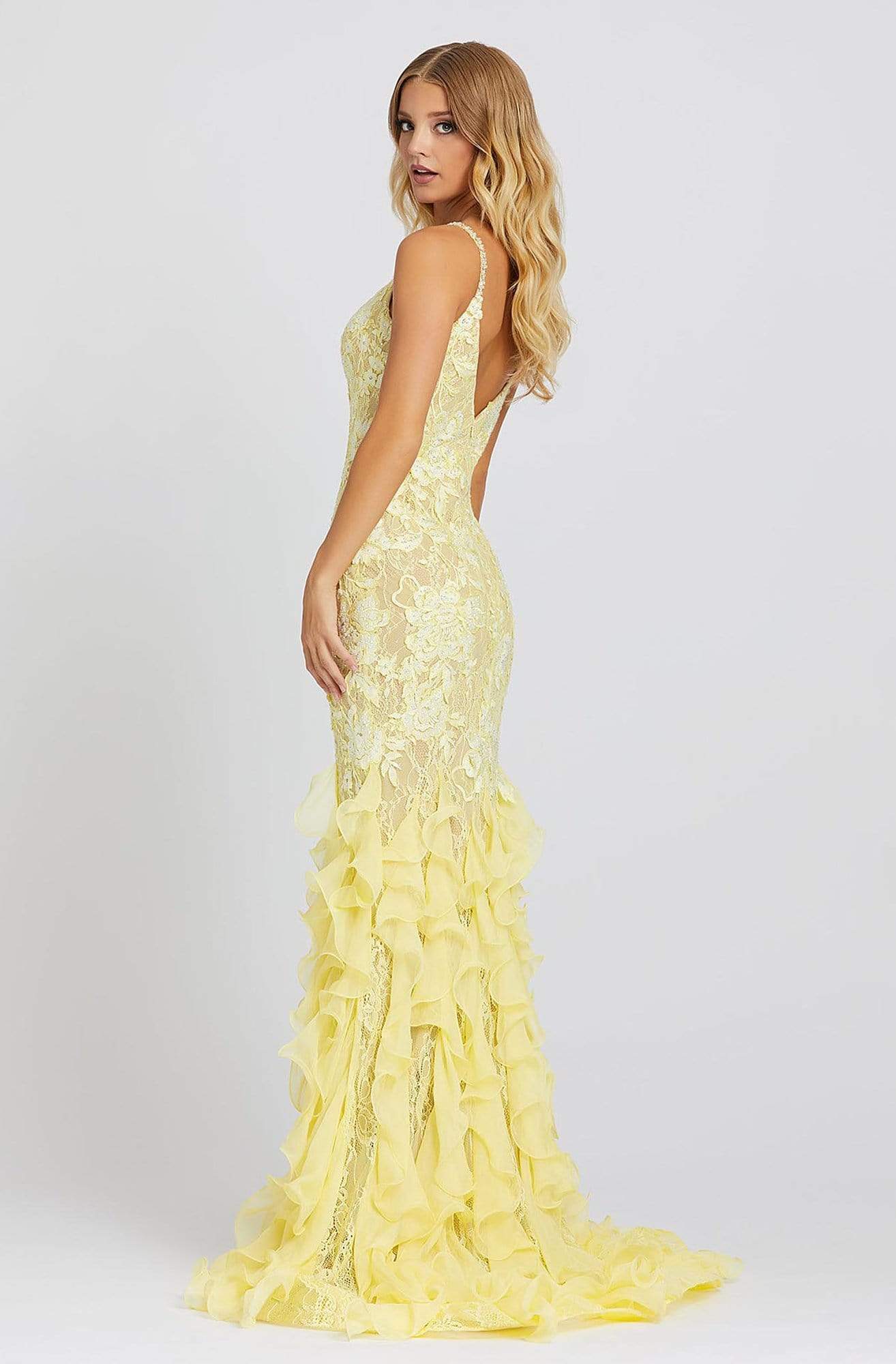 Mac Duggal Prom - 67204M Embroidered V-neck Ruffled Trumpet Dress In Yellow