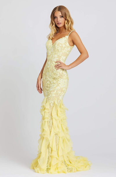 Mac Duggal Prom - 67204M Embroidered V-neck Ruffled Trumpet Dress Prom Dresses 0 / Lemon