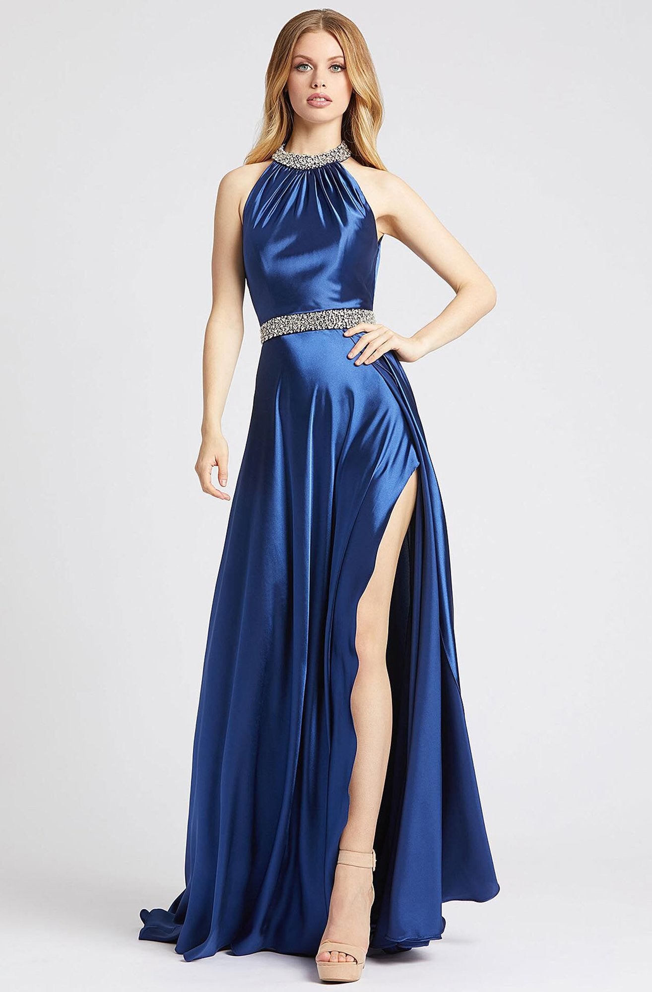 Mac Duggal Flash - 67339L Embellished Halter A-line Gown In Blue