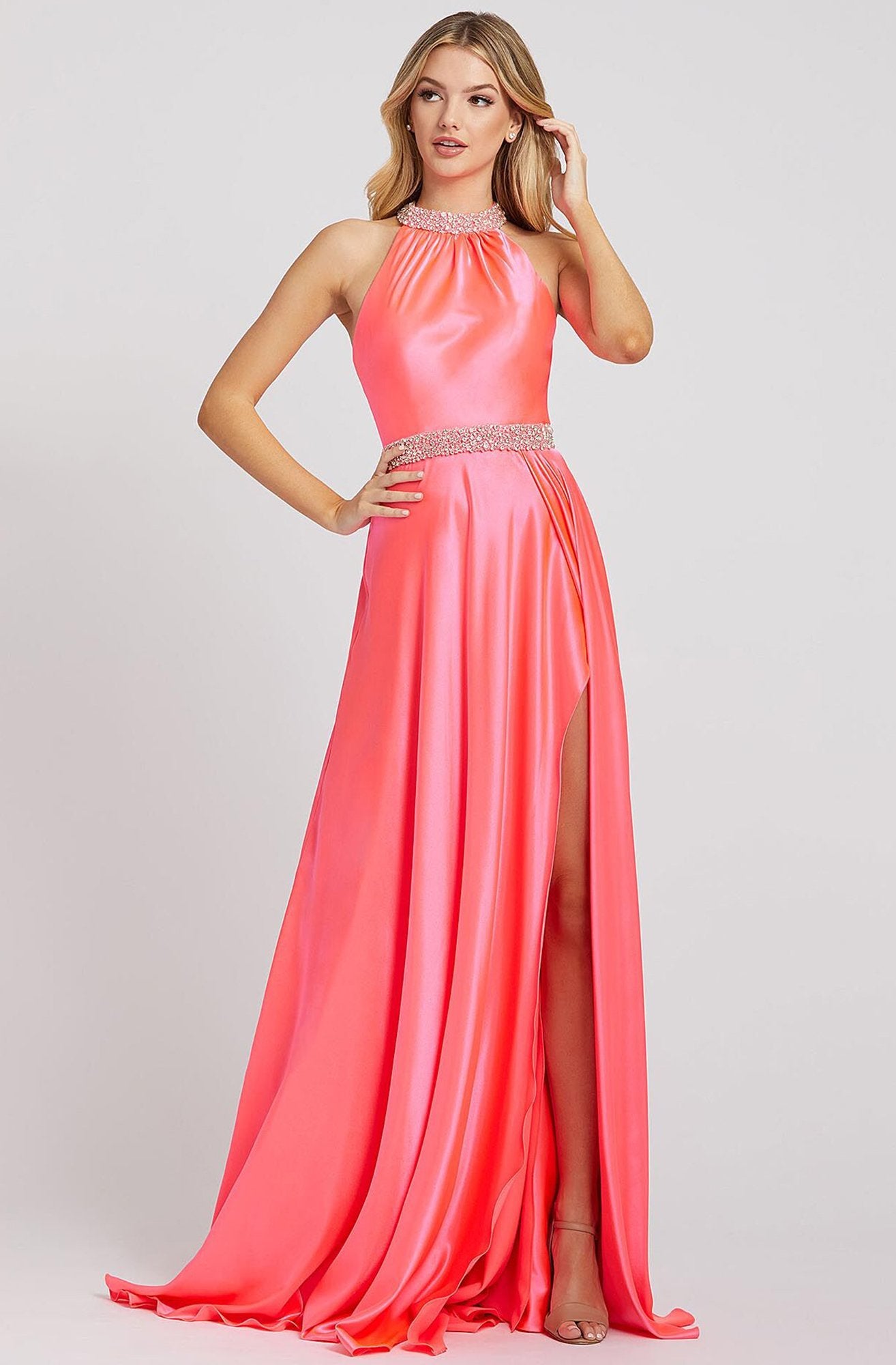 Mac Duggal Flash - 67339L Embellished Halter A-line Gown In Pink