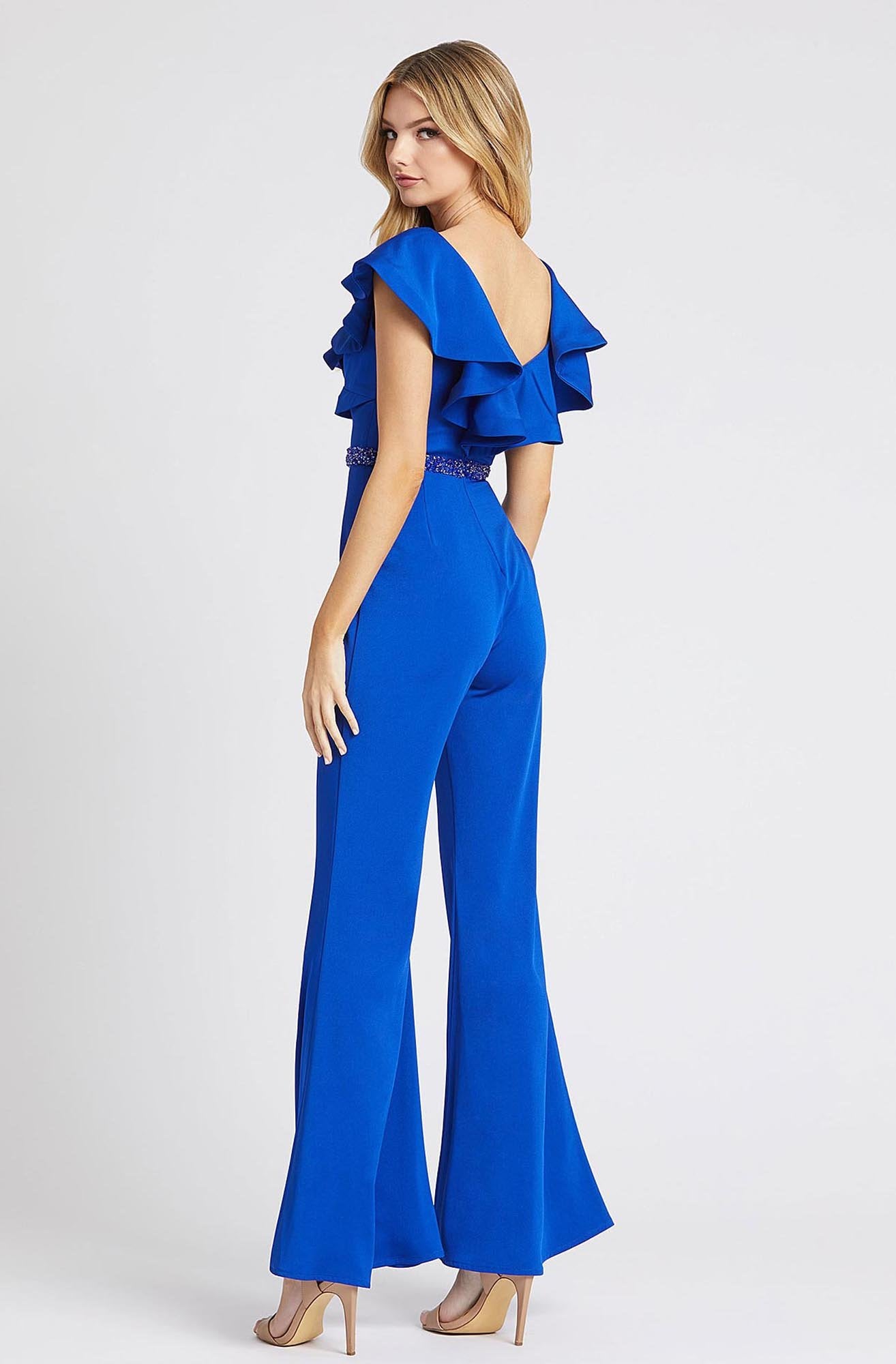 Mac Duggal Flash - 67384L Jersey Ruffled Jumpsuit In Blue