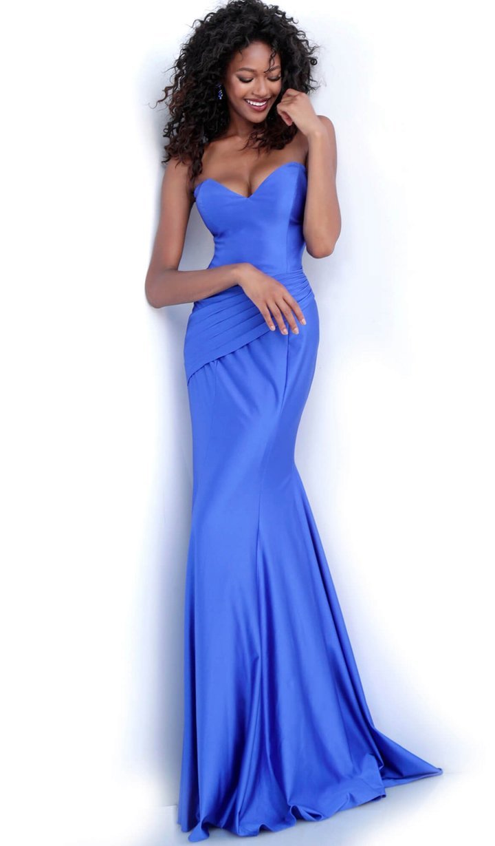 Jovani - Strapless Plunging Sweetheart Trumpet Dress 67413SC In Blue