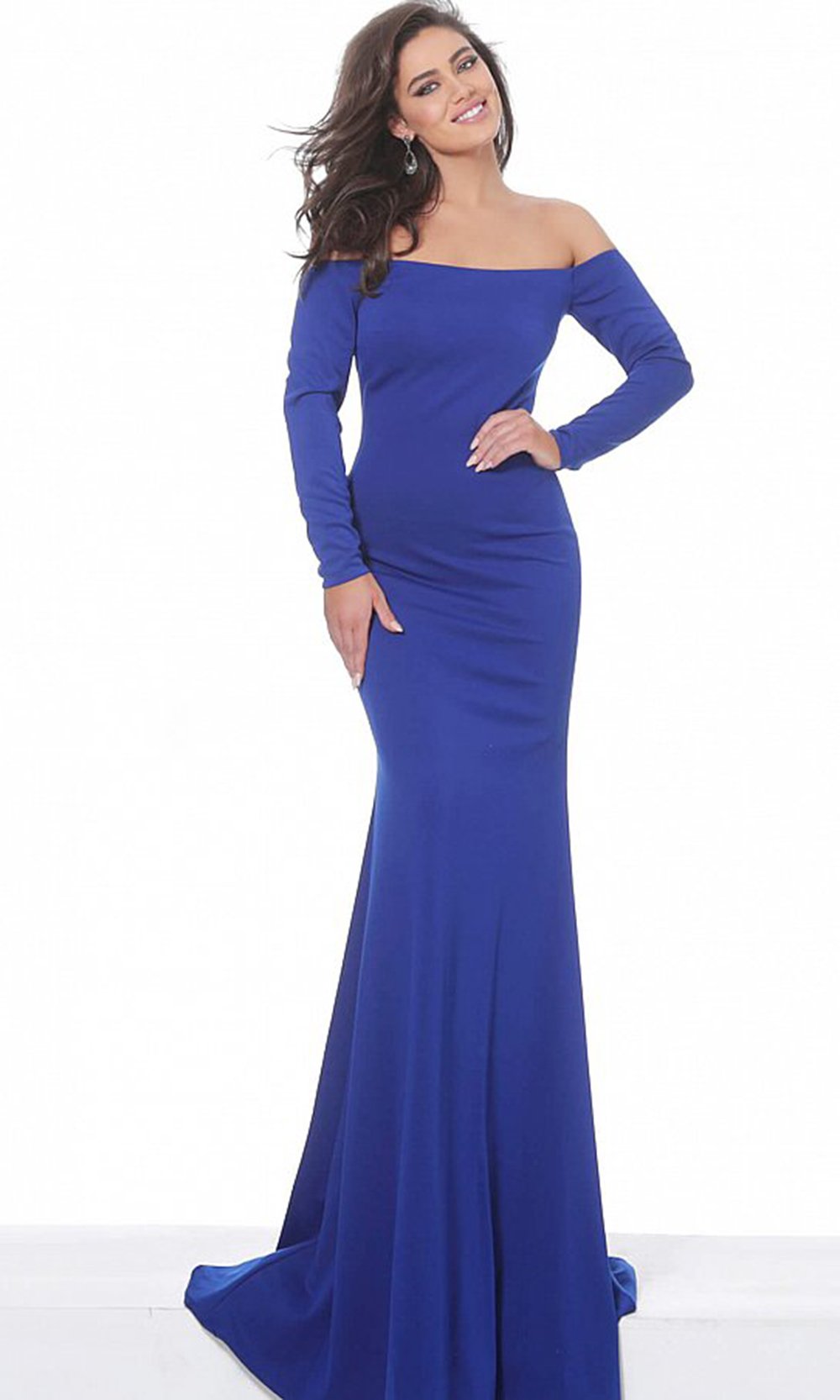 Jovani - 67440 Long Sleeve Off Shoulder Long Dress In Blue