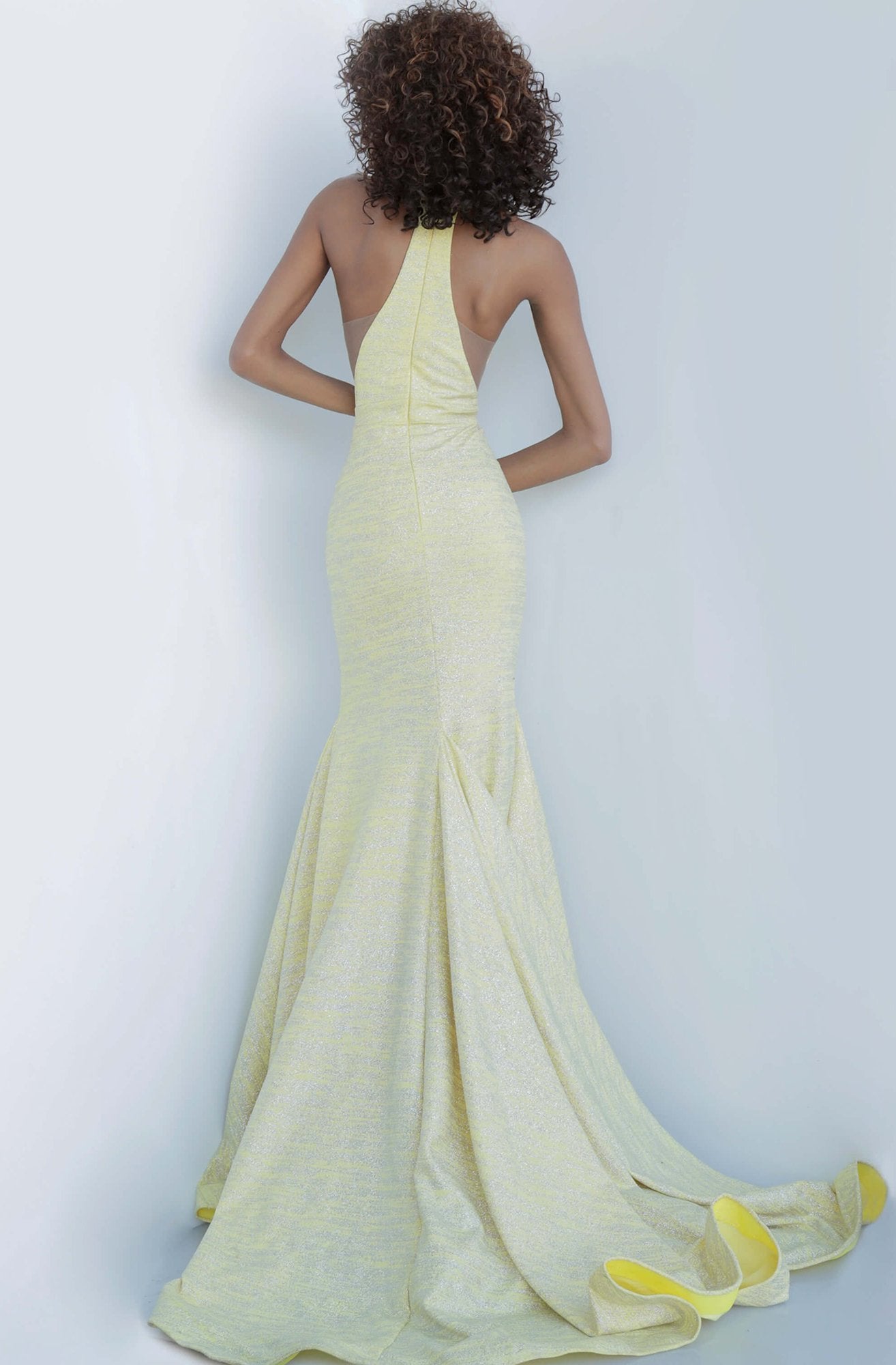 Jovani - 67563 Racer Back High Neck Glitter Knit Mermaid Gown In Yellow