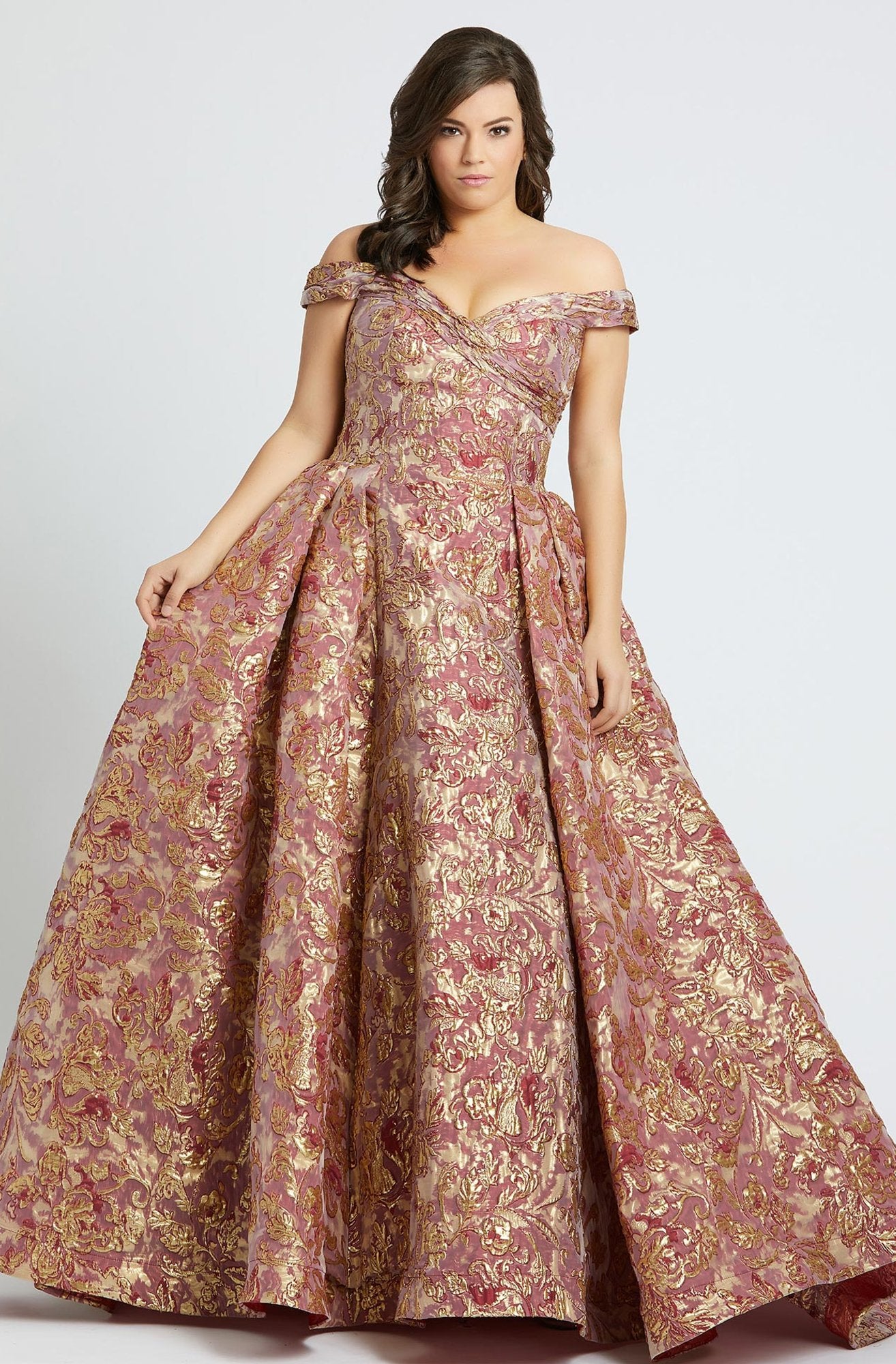 Mac Duggal - 67613F Floral Printed Off-Shoulder Ballgown With Train in Pink and Gold
