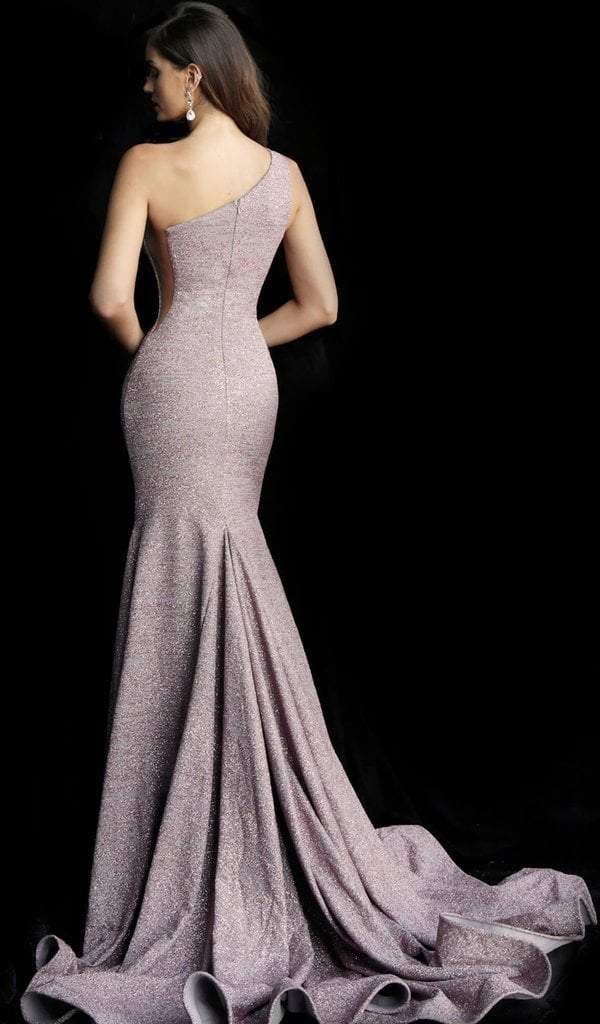 Jovani - Asymmetric Stretch Glitter Mermaid Evening Gown 67650 In Purple