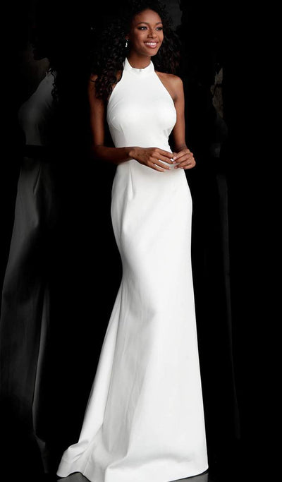 Jovani - Sleeveless High Halter Trumpet Dress With Train 67661SC In White
