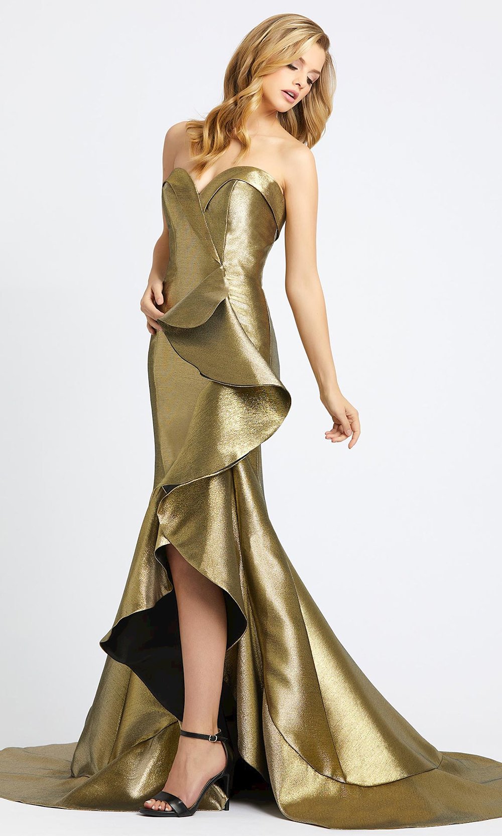 Mac Duggal - 67662D Metallic Strapless Ruffled Trumpet Dress in Gold